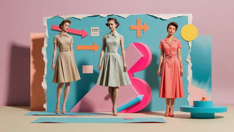 three women in retro dresses against an abstract geometric background