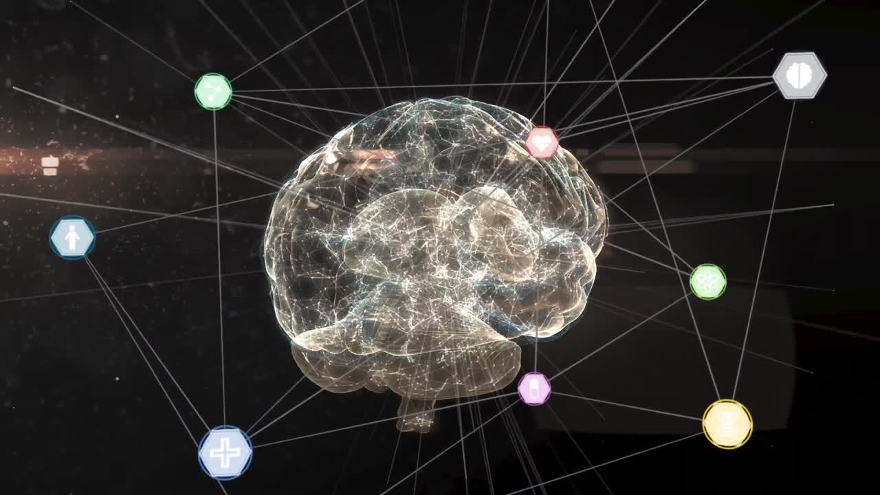 animación de iconos digitales de cerebro y médicos sobre un fondo negro