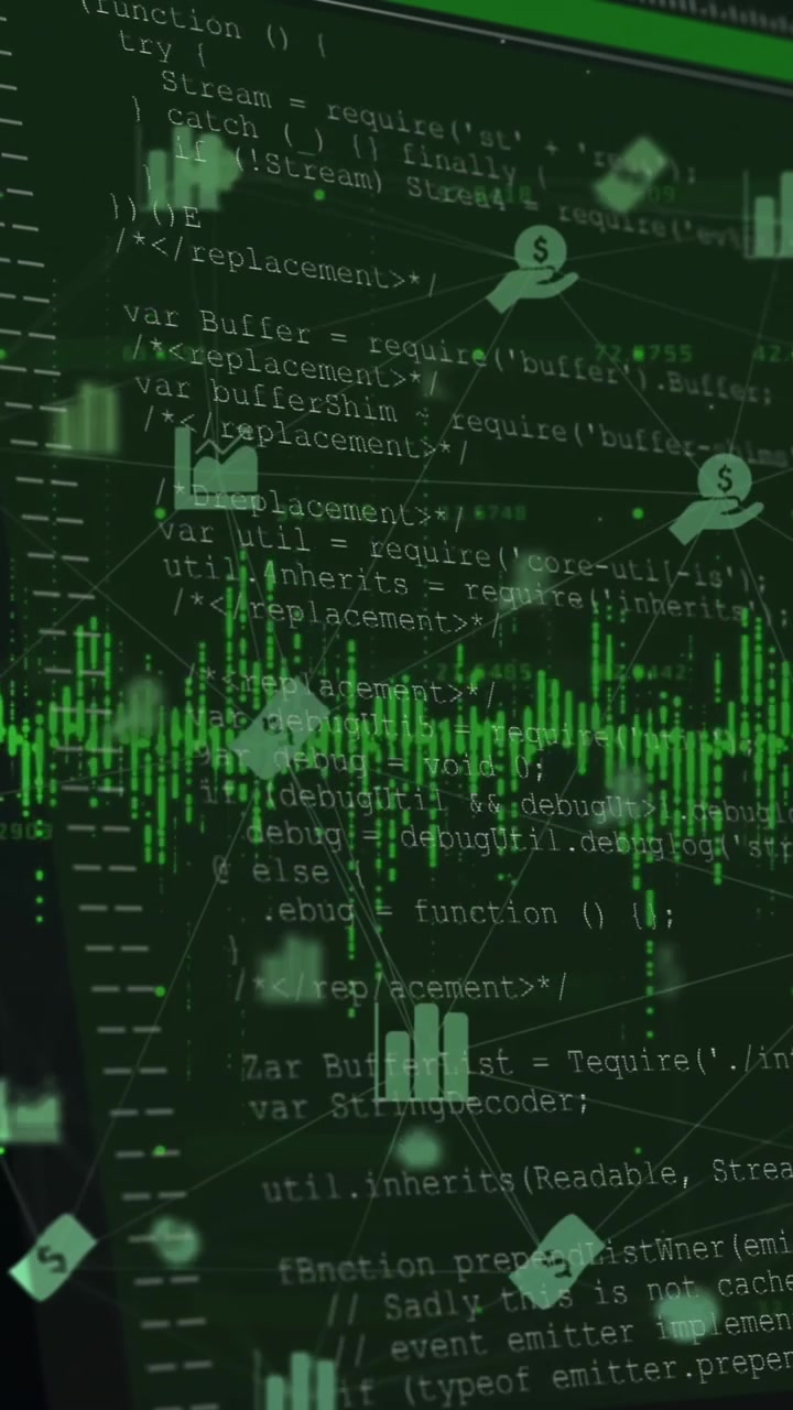 Animation of illuminated soundwaves, connected multiple icons over screen with computer language