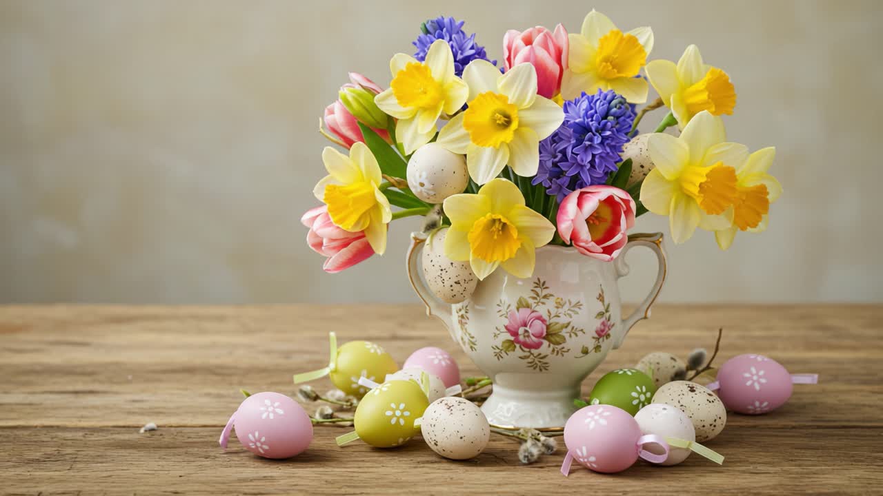 A Vibrant Spring Arrangement of Colorful Flowers and Decorative Eggs Displayed in a Charming Vintage Vase, Perfect for Celebrating Seasonal Joy and Renewal