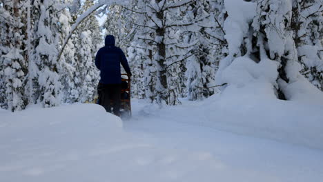 Husky-dog-sledding-team-pulling-sled-riders-through-snow-covered-woodland-forest-trail