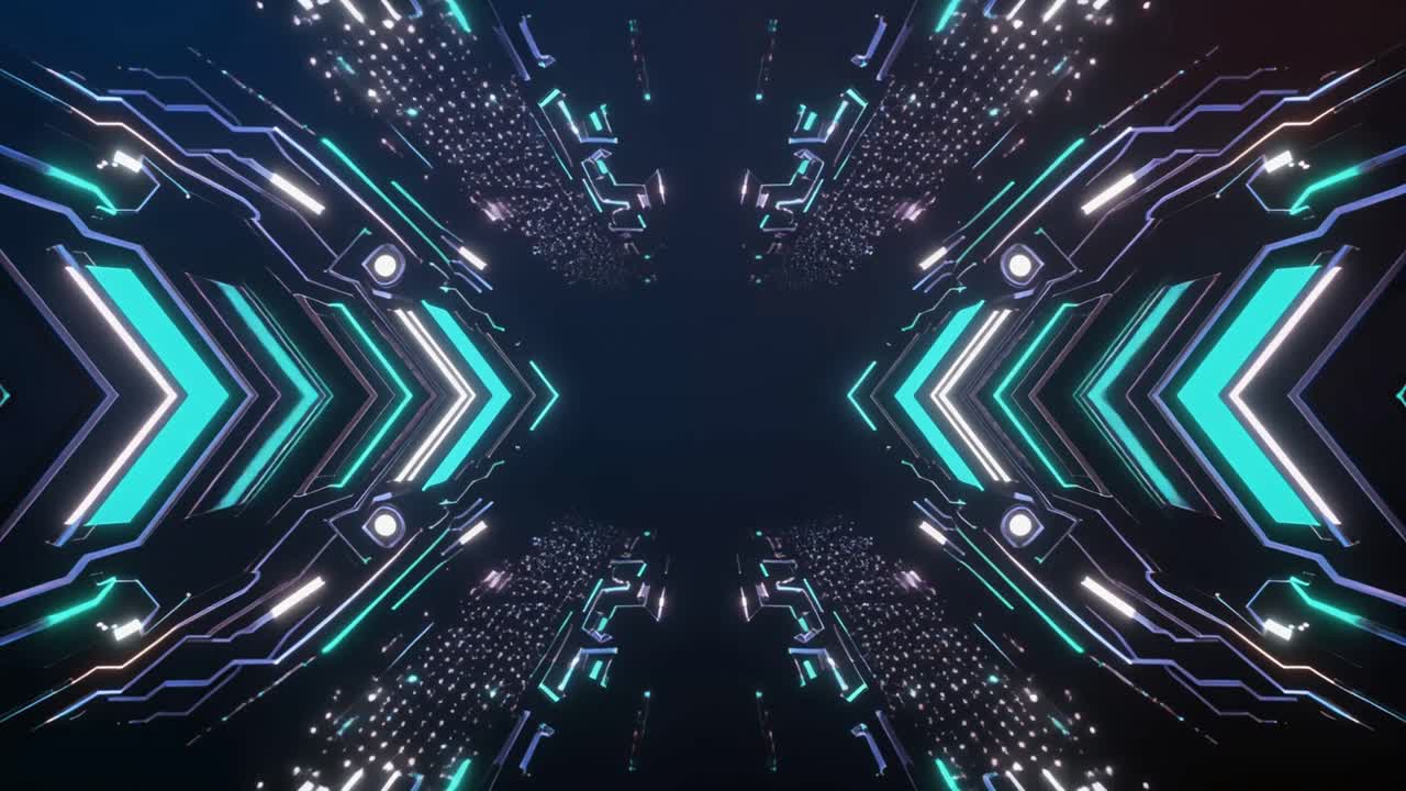 Tunnel Digitale Astratto Futuristico con Linee al Neon Luminose e Forme Geometriche