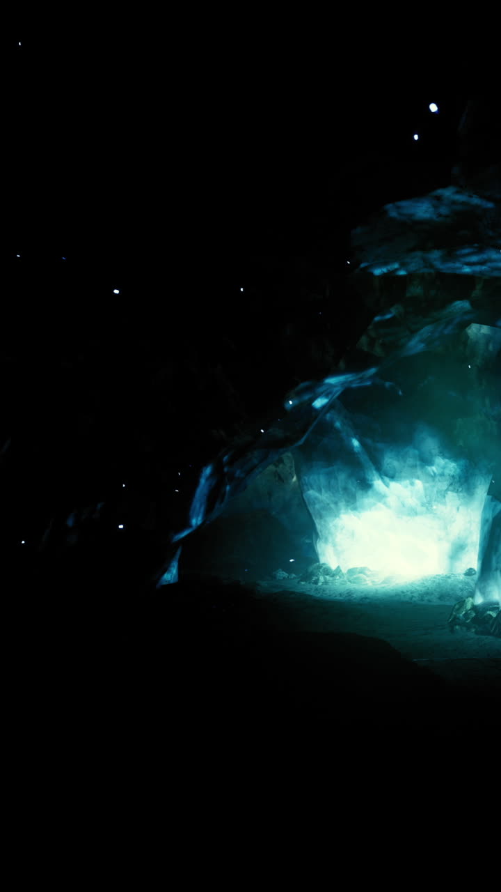 Cahaya bersinar dari kristal di gua gelap selama pemandangan malam yang misterius.