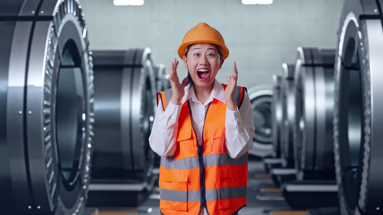 안전 헬을 입은 아시아 여성 엔지니어가 카메라에 미소 짓고 금속 공장에서 서서 와우라고 말합니다.