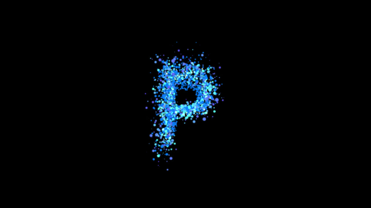 Bolle di particelle blu che formano la lettera P su sfondo trasparente