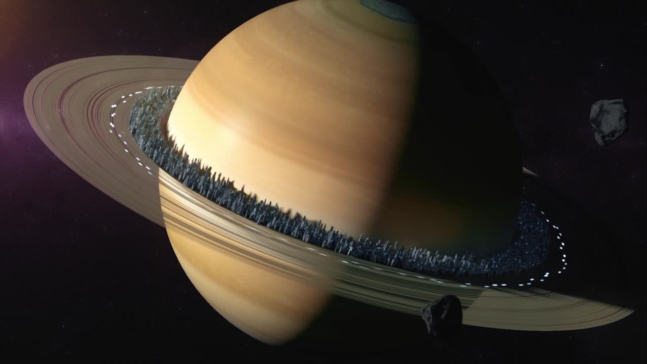 planeta saturno en el espacio exterior. ciudad ubicada a lo largo de los anillos de saturno, el concepto de la colonización de saturno. animación 3d