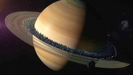 planet saturn in outer space. city located along the rings of saturn, the concept of the colonization of saturn. 3d animation