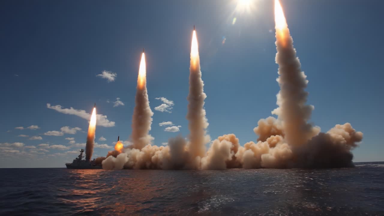 Séquence de lancement spectaculaire de missiles depuis un navire de guerre contre un ciel bleu clair, mettant en valeur la puissance, la technologie et les capacités navales dans un cadre océanique spectaculaire