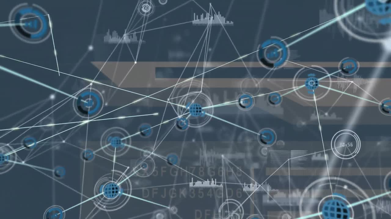 추상적인 배경에 대한 그래프, 글자 및 숫자 위에 연결된 점과 아이콘의 애니메이션