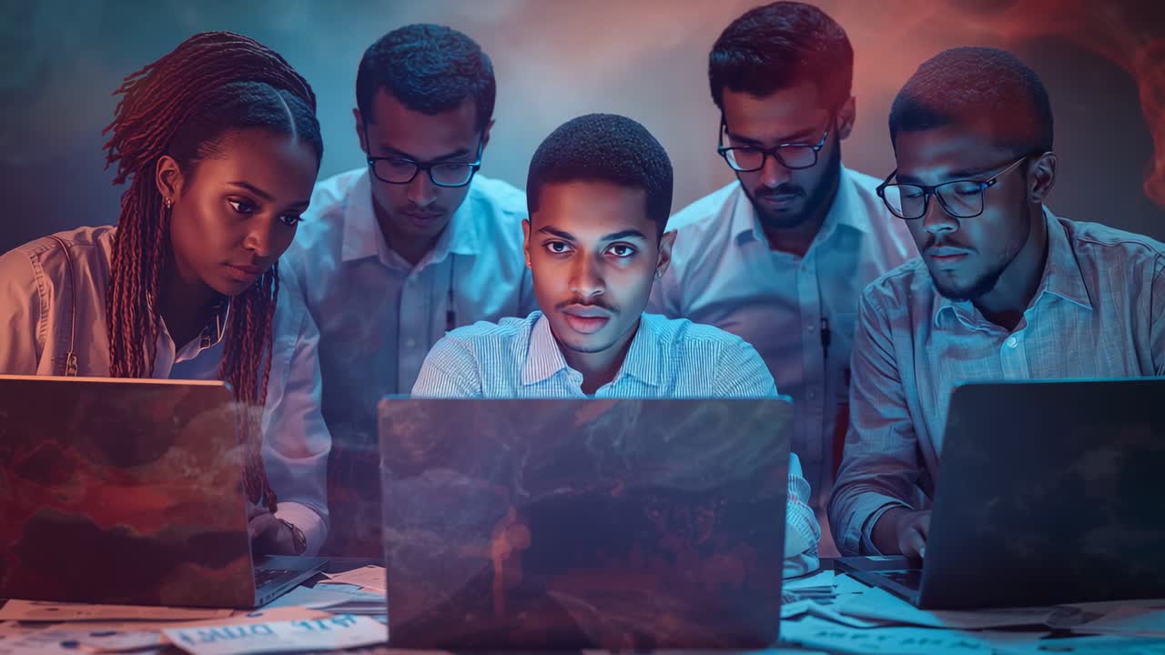 Reviewing data, man typing for analysis while colleagues watching at office table with laptops
