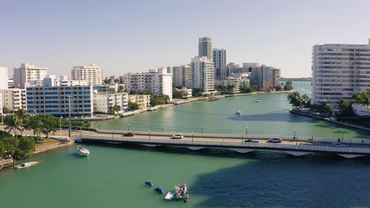 Flying over Biscayne Bay in downtown Miami, Florida. USA. Aerial shot