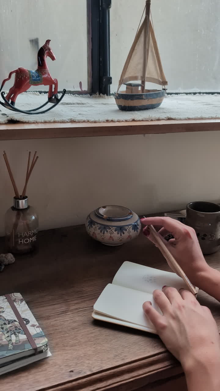Primo piano di mani che scrivono o disegnano su un quaderno su una scrivania di legno