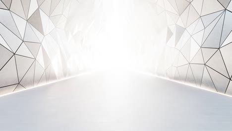 estructura de formas geométricas en suelo gris con fondo de pared blanca en un gran salón o sala de exposiciones moderna.