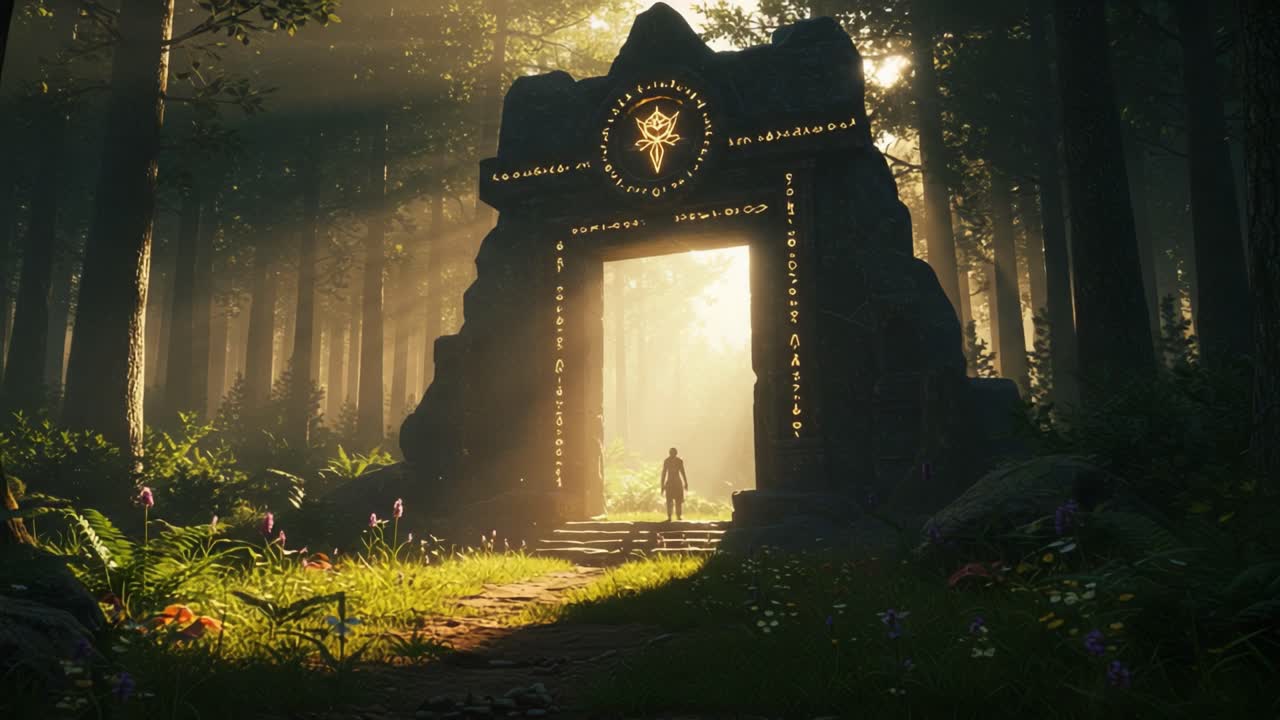 A Journey Through Enchanted Forests: Discovering Mystical Gateways and Ancient Symbols in a Lush, Sunlit Landscape Filled with Serenity and Wonder