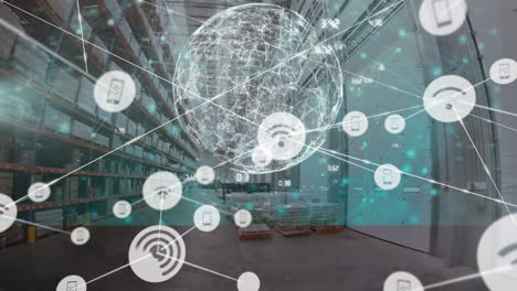 animation of network of connections with icons over warehouse