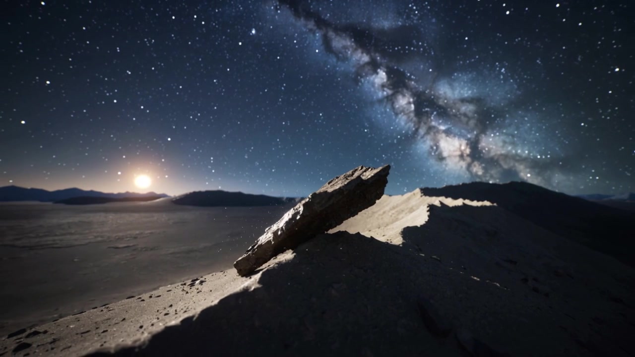 Showing tilted boulder catching moonlight on sand slope, moonrise causing camera panning Milky Way