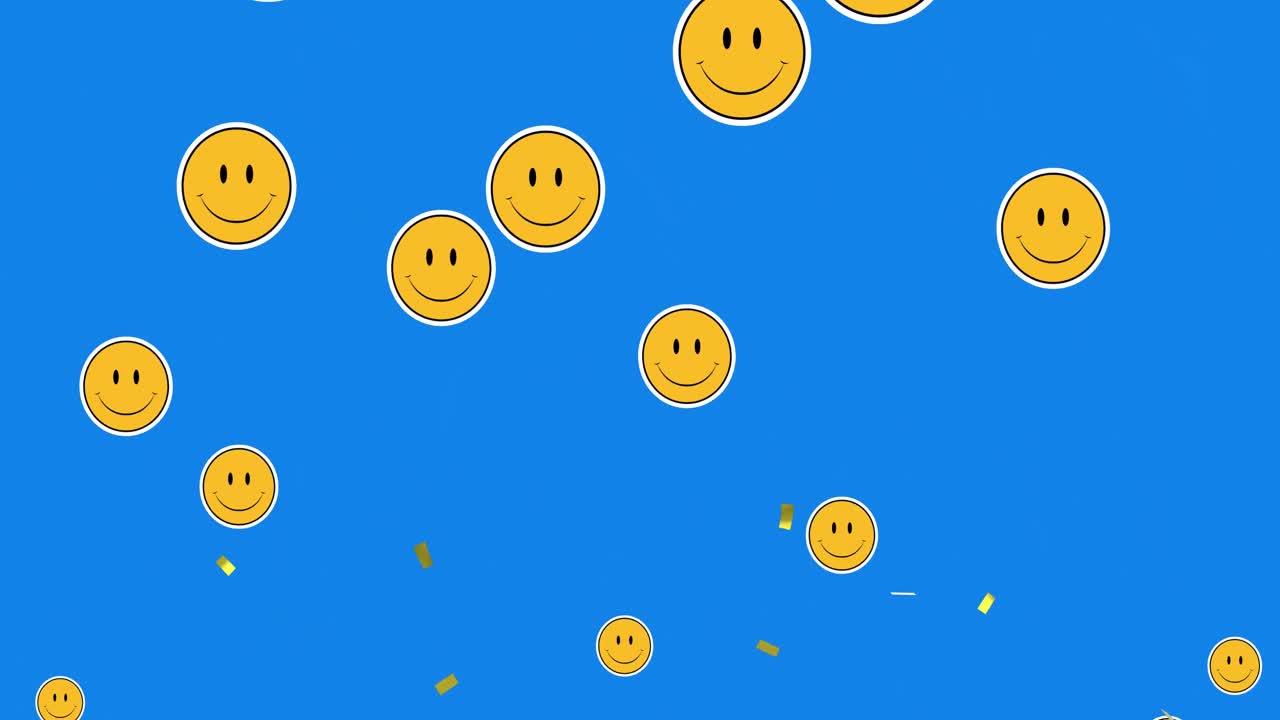 animación de confeti dorado cayendo con iconos emoji sonrientes sobre un fondo azul