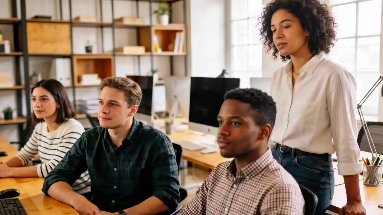 Noticing screen alert, office team leaning in studying monitor in business attire, collaborating