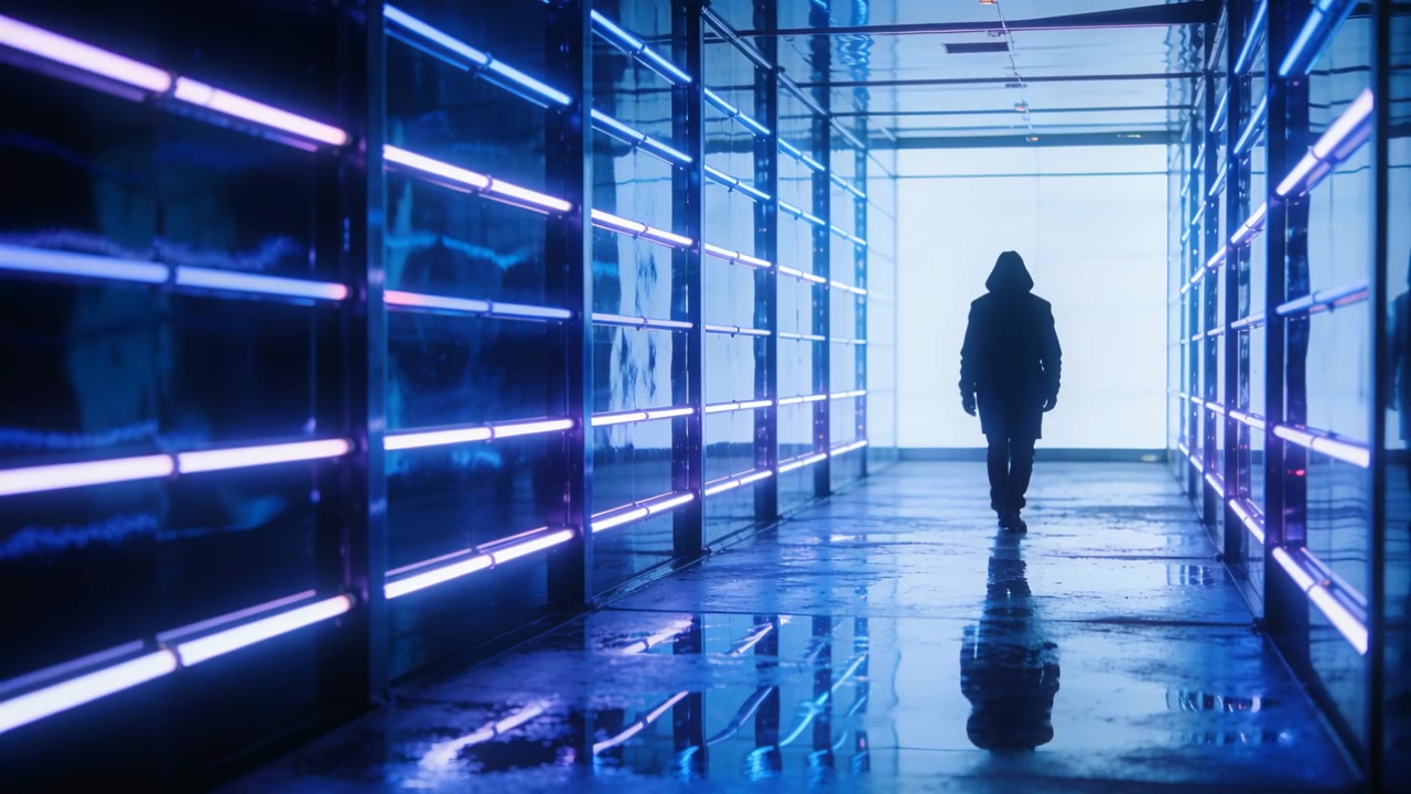 Walking man wearing hooded coat drawn toward bright exit in corridor, neon reflecting on wet floor