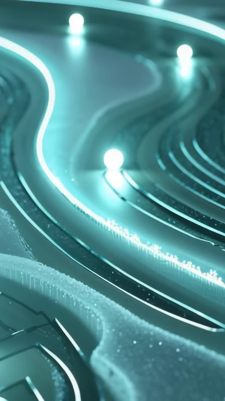 Vertical video: Appearing at groove, glowing cyan sphere traversing circuit board, mapping grooves