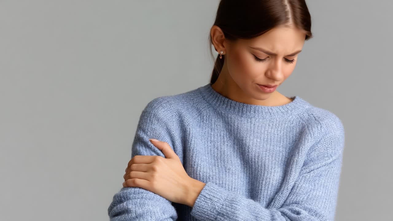 Una donna con un maglione blu accogliente esprime preoccupazione mentre si tiene la spalla, trasmettendo emozioni di disagio e contemplazione in un ambiente minimalista.