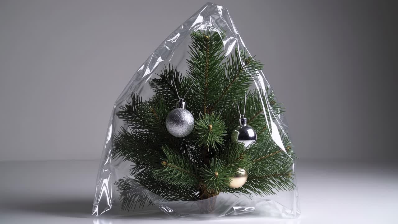 Small Christmas tree decorated with three ornaments, wrapped in transparent plastic film, resting on a white surface against a gray background, highlighting consumerism and holiday traditions