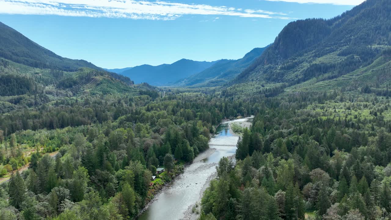 Oversiktsbilde fra høyde av Skykomish-elven som snor seg gjennom Cascade-fjellene.