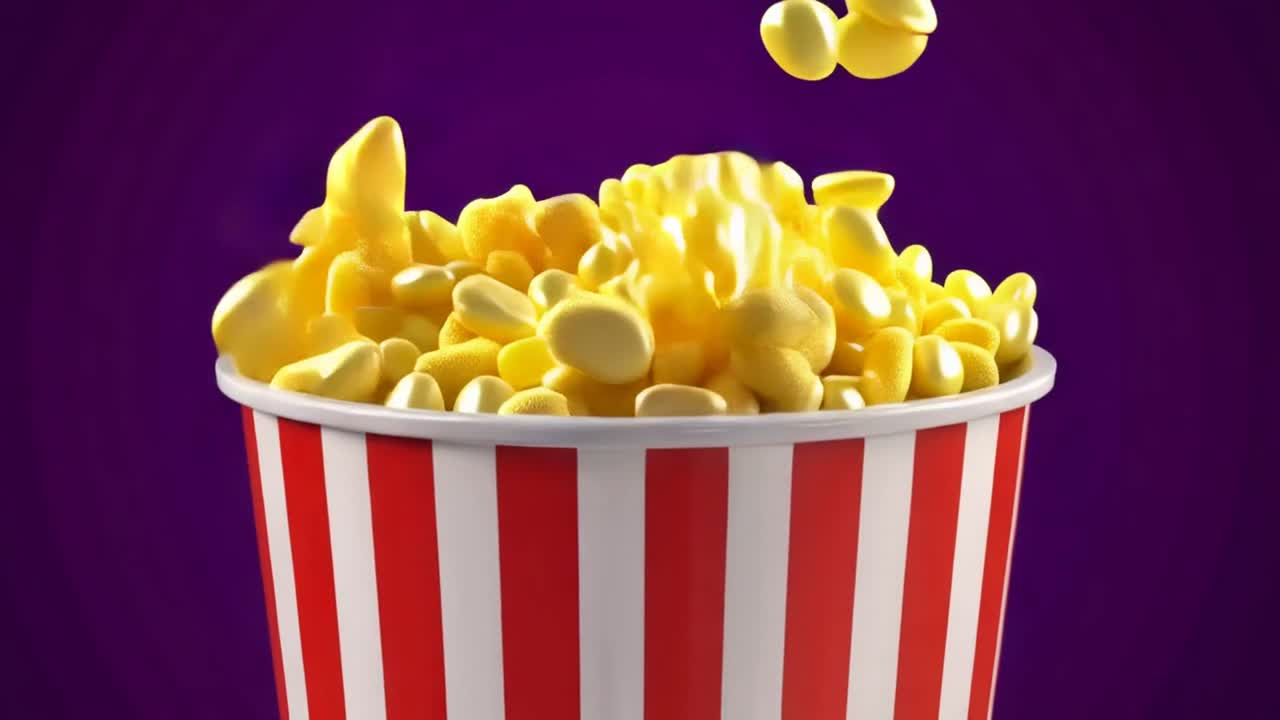 Animerade popcorn som poppar och faller ner i en randig hink