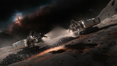 two advanced robotic extractors operating on an asteroid's surface, collecting valuable resources under the starlit cosmos with a distant galaxy in the background
