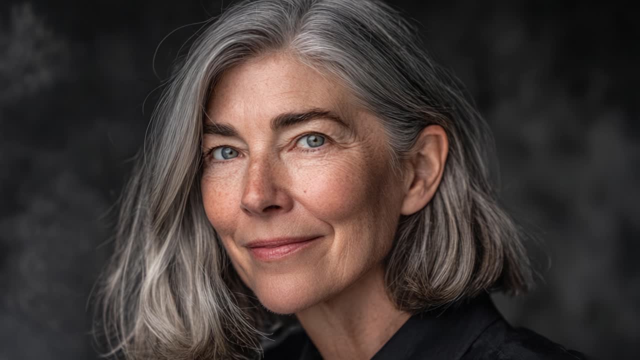 Captivating Portrait of a Mature Woman with Graceful Silver Hair and Serene Expression Highlighting Beauty and Wisdom