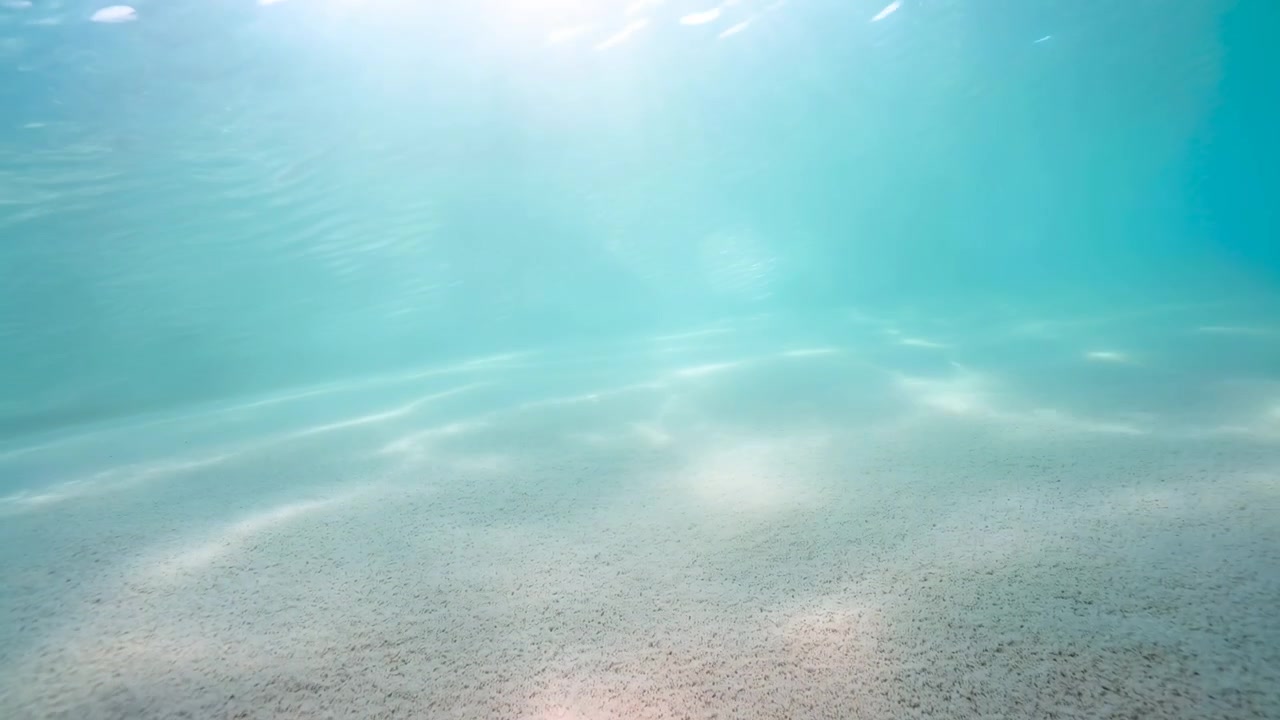 陽光照耀著碧綠的海床，沙紋蕩漾，光束穿透清澈的淺水，輕柔起伏。