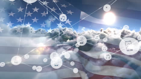 animación de una red de iconos digitales sobre nubes y sol en el cielo contra la bandera estadounidense ondeando
