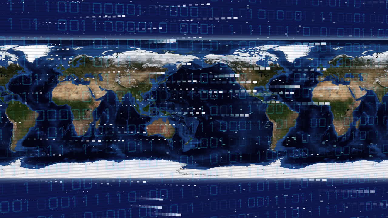 파란색 배경에 있는 세계 지도 위의 데이터 처리 애니메이션