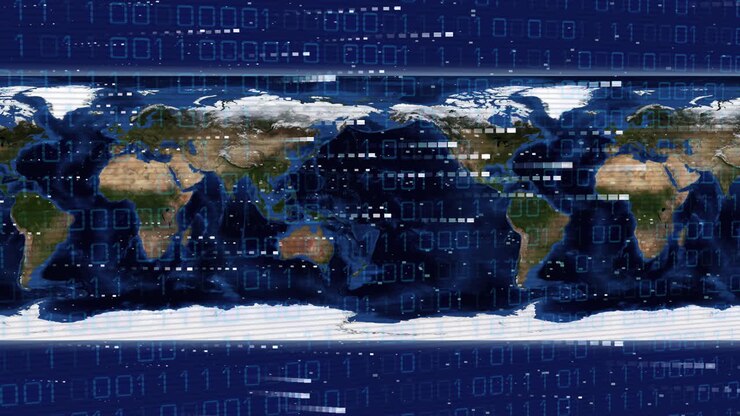 Animation of data processing over world map on blue background