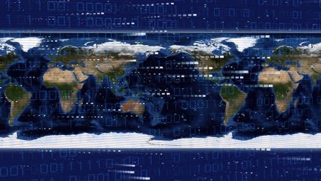 animación del procesamiento de datos sobre el mapa del mundo sobre fondo azul