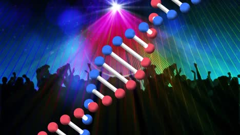 estructura de adn girando contra las luces de la discoteca sobre la silueta de personas bailando