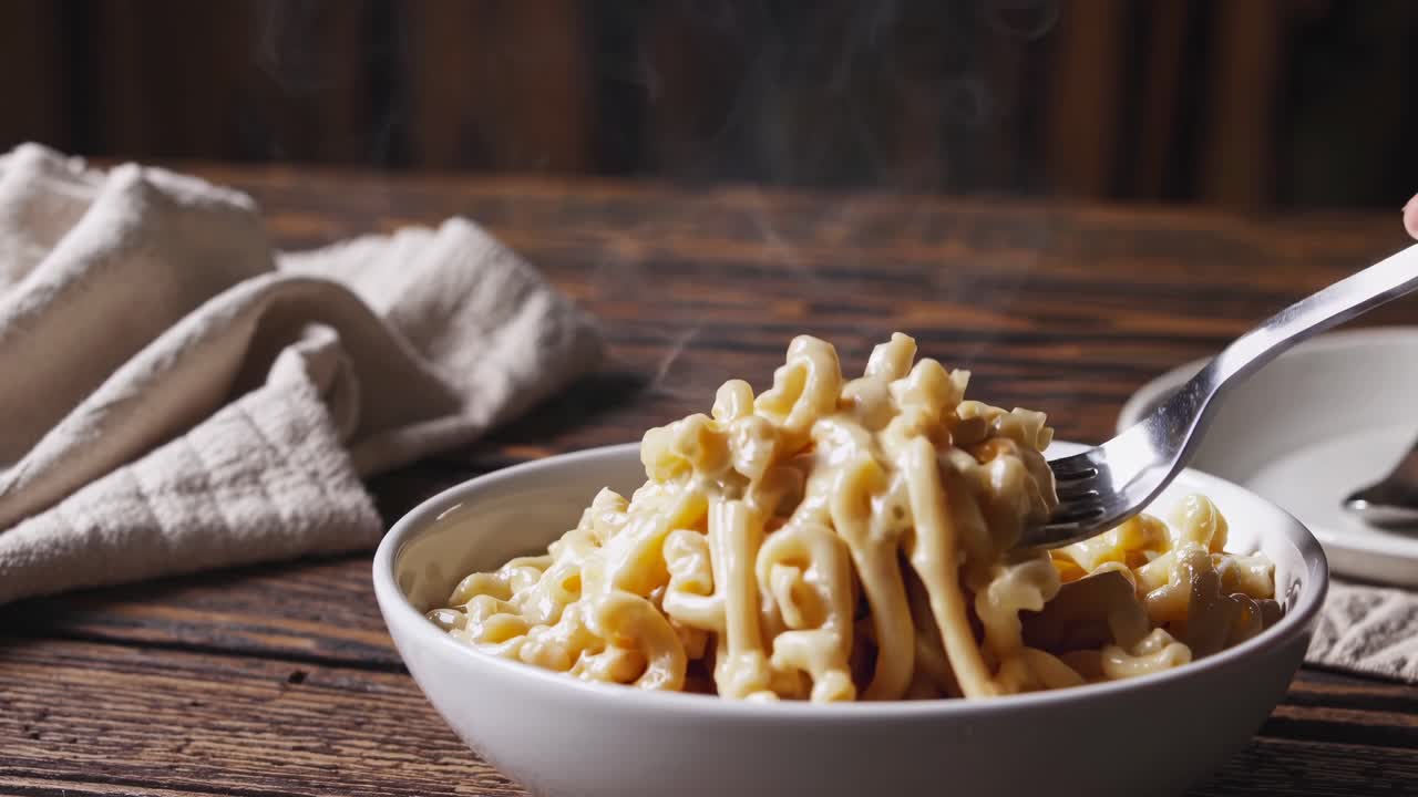 Warm, steaming macaroni and cheese in a white bowl on rustic wood