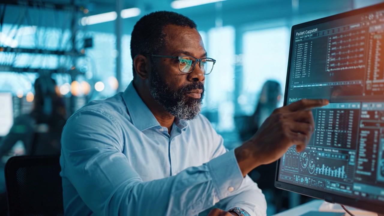 Focused Professional Analyzing Complex Data on Digital Screen in a Modern Office Environment with Advanced Technology and Innovative Tools for Insightful Analysis