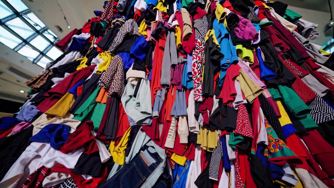 Installazione artistica di una grande pila di vestiti colorati in un moderno centro commerciale