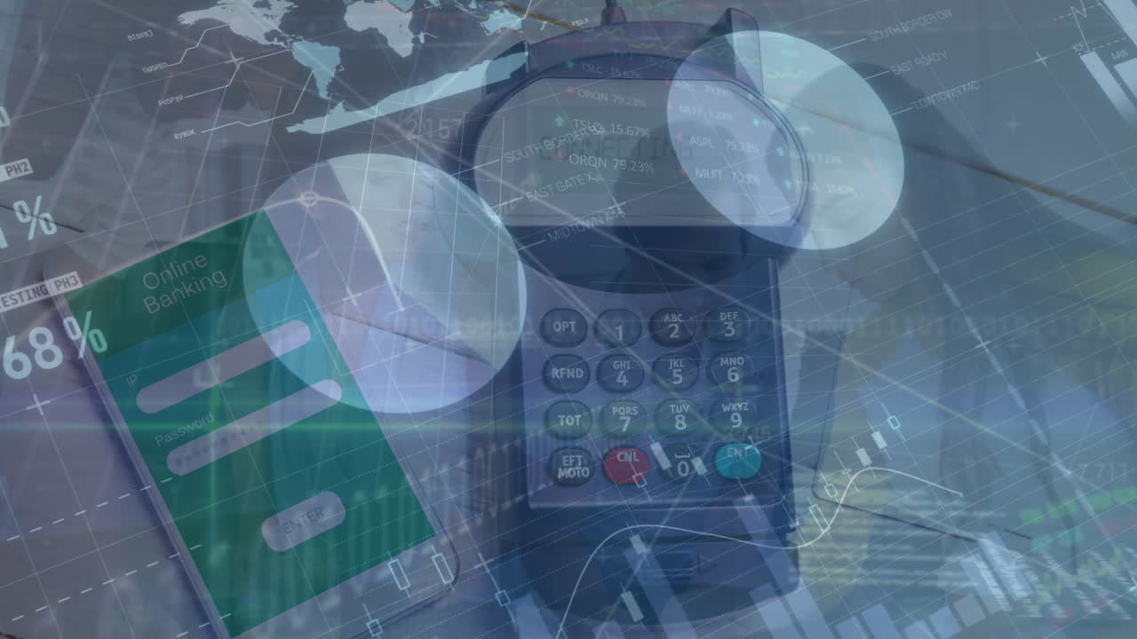 animación del procesamiento de datos financieros a través de terminales de pago