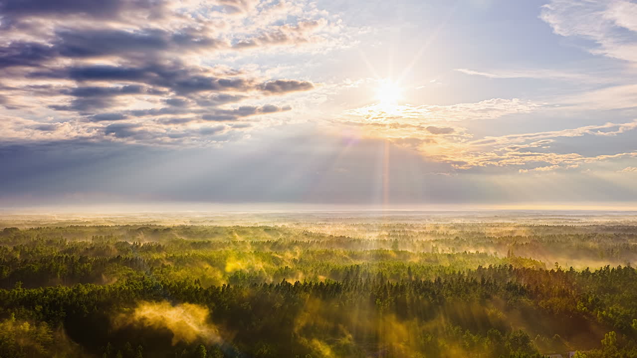 Sunrise over a lush forest with clouds and bright sun in hyperlapse view