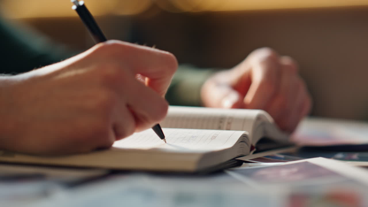 Woman hands writing notebook holding pen indoors close up. Girl making notes