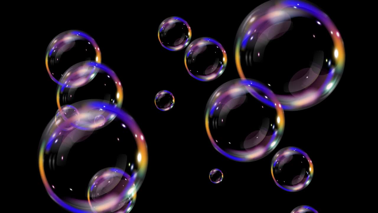 Soap bubbles fly up and burst. Realistic soap bubble, glare. Powder, soap, detergent.  Upward movement colorful soap bubbleson on black or green background. 4k video graphic animation