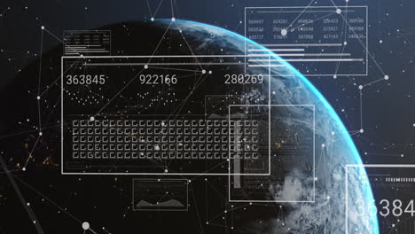 animation of graphs, changing numbers, loading squares and connected dots over globe