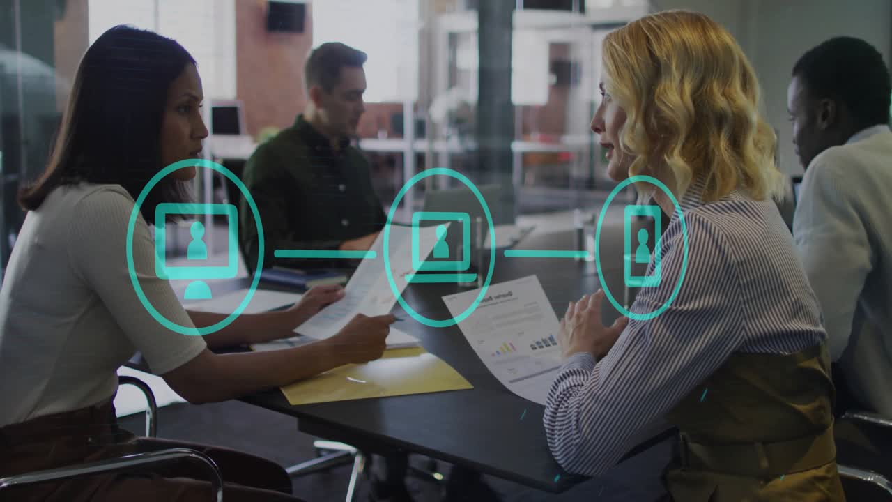Interviewer tapping resume in business interview while animated device icons linking workflow