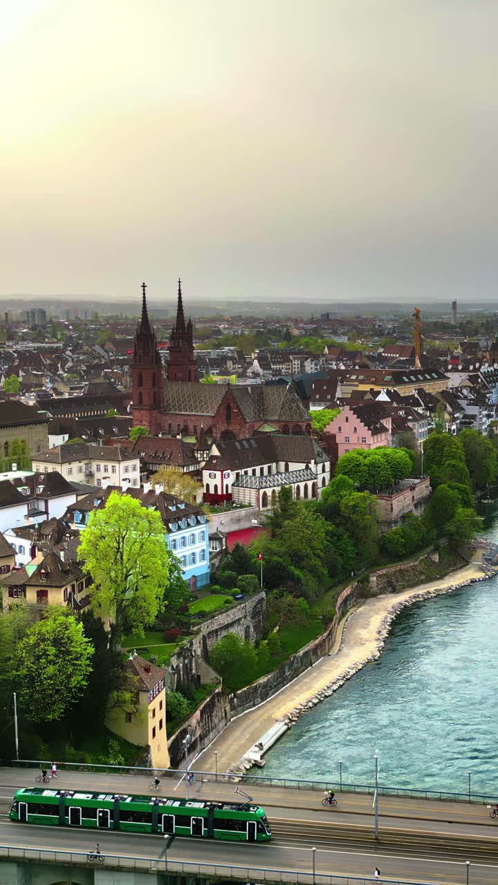 Aerial, drone view of Basel and River Rhine in Switzerland. Vertical