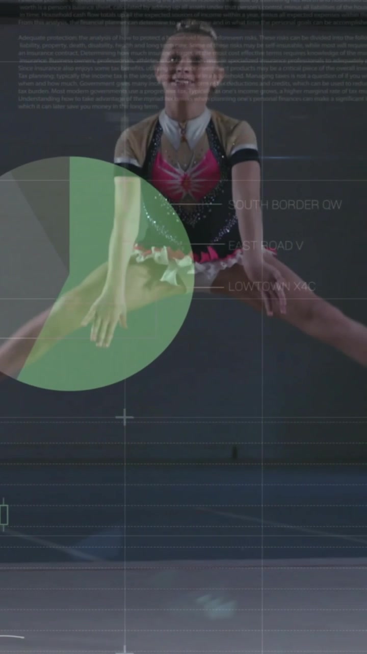 Video verticale: Ginnasta che avanza e si bilancia durante un'attività sportiva, con grafici che pulsano sul busto