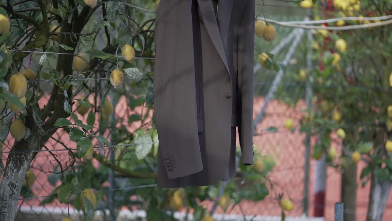 Una giacca da completo appesa a un albero di limoni all'aperto