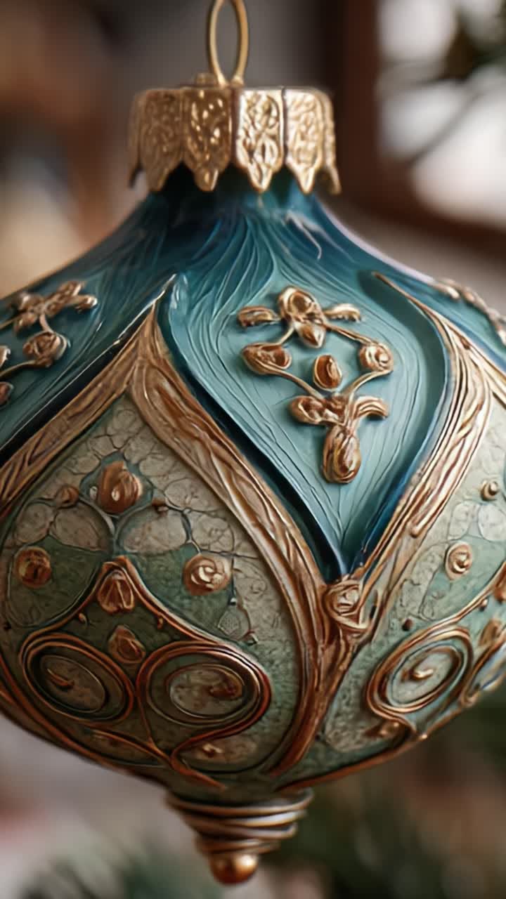 Exquisite Ornate Christmas Ornament: A Close-Up View of a Beautifully Crafted Decorative Bauble with Intricate Patterns and Vibrant Colors