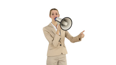 positive businesswoman shouting through megaphone